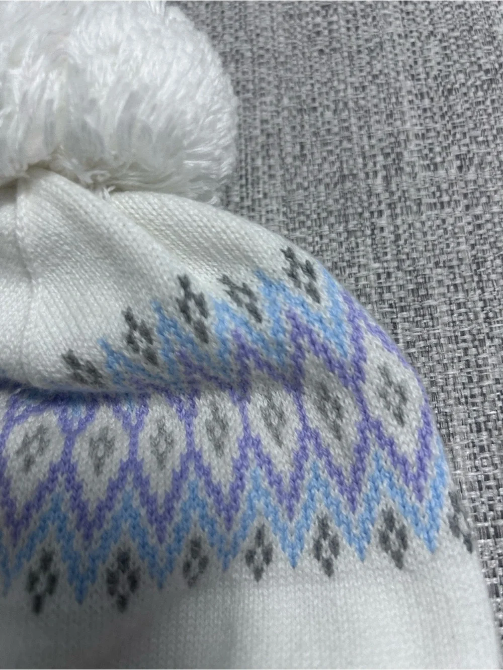 Janie and Jack White Knit Pom Beanie with Purple and Blue Fair Isle. Size 0-3M